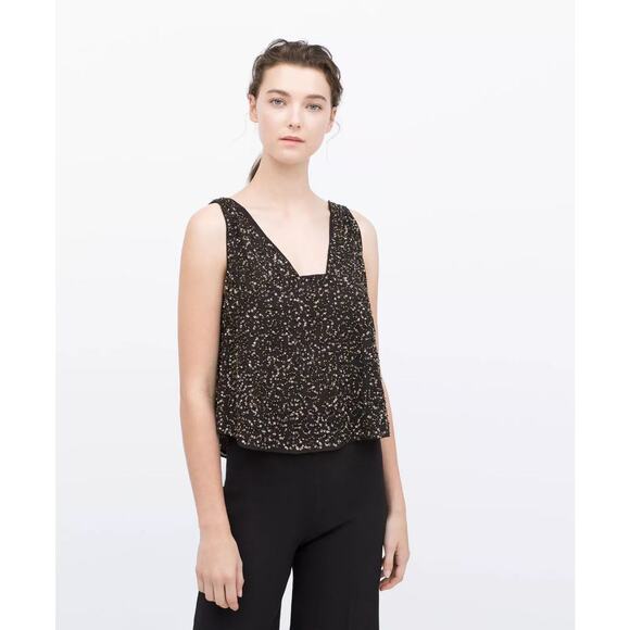 Zara Sparkly Sequin Black Sleeveless Swing Top Size Small 0615J - Picture 1 of 9
